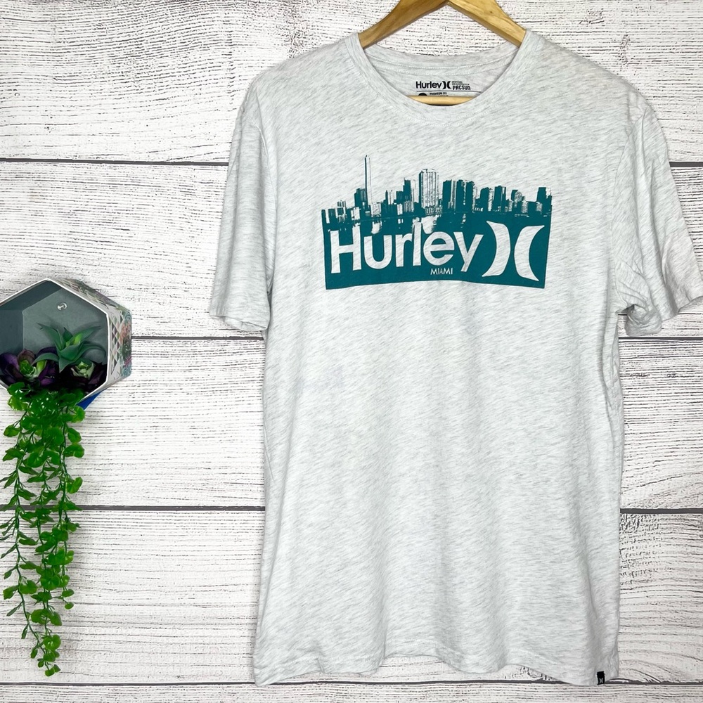 Hurley Miami Cityscape Skyline Short Sleeve Tee Men’s Size Large Teal & Gray
